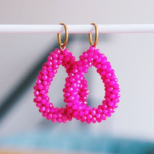 Stainless steel earring with facet drop – fuchsia/gold