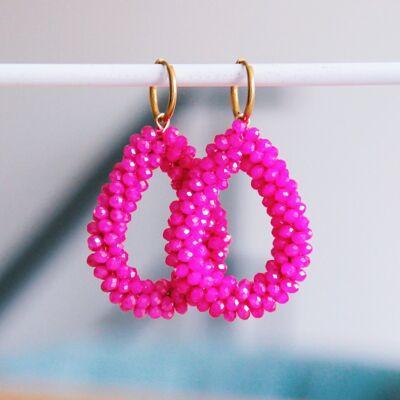 Edelstahl Ohrring mit Facettentropfen – fuchsia/gold