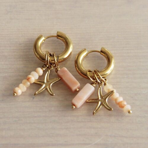 wide hoop earring with tube, gemstones and starfish – peach/gold