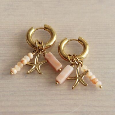 wide hoop earring with tube, gemstones and starfish – peach/gold