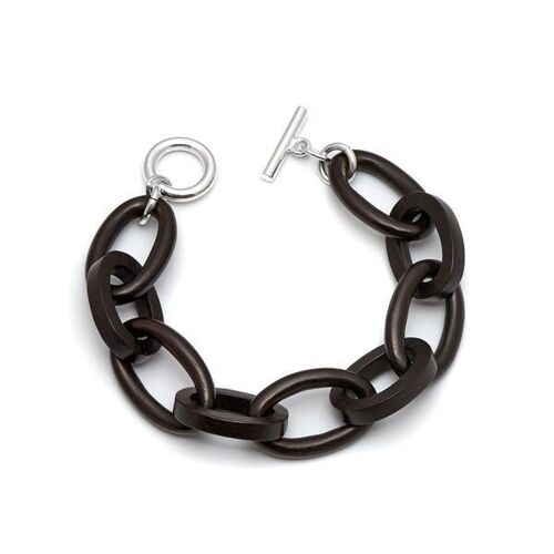 Black wood oval link bracelet - Silver