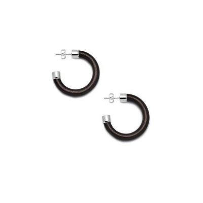 Small Black Wood rounded hoop earring - Silver
