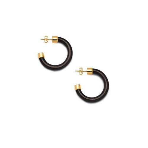 Small Black Wood rounded hoop earring - Gold plate