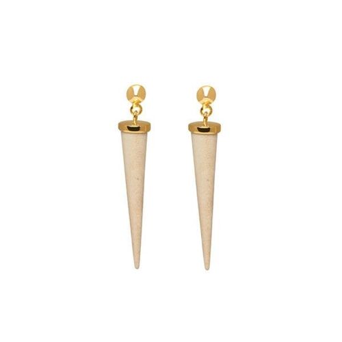 Long White wood round spike earring - Gold