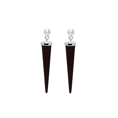 Long Black wood round spike earring - Silver