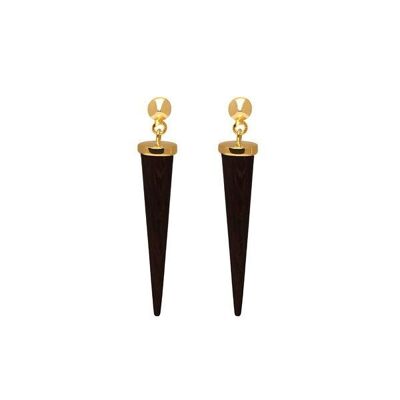 Long Black wood round spike earring - Gold