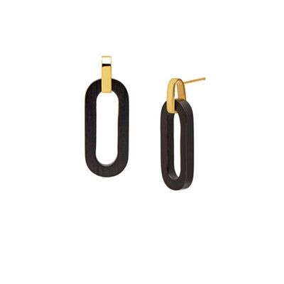 Black wood Open Rectangle Drop Earring - Gold plate