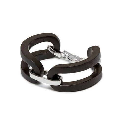 Black wood open link bracelet - Silver