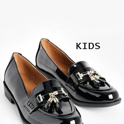 Kids Black Patent Horsebit Tassel Loafers