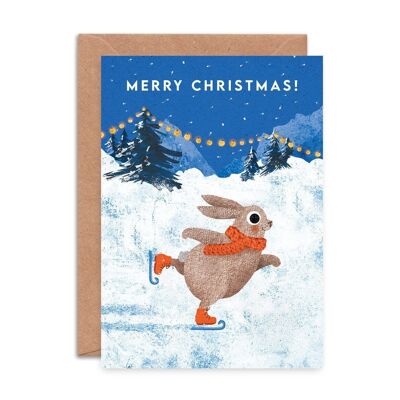 Carte de Noël simple lapin patinage sur glace