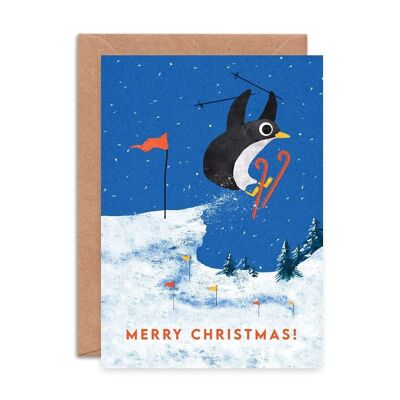 Biglietto natalizio singolo con pinguino sugli sci
