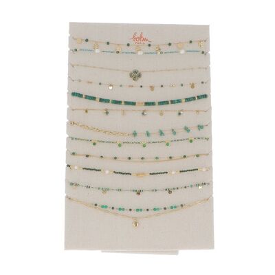Kit mit 24 Halsketten aus Edelstahl – Grüngold – kostenlose Präsentation