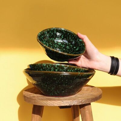 Set of 3 Artisanal Ceramic Bowls - Tortoiseshell Green - Handmade