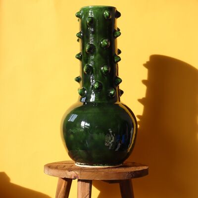 Large Ceramic Vase with Spikes - Handmade - Bottle green