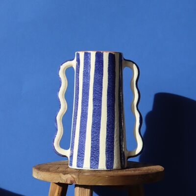 Pigna Vase with Stripes and Wavy Handles - Blue and white - Handmade