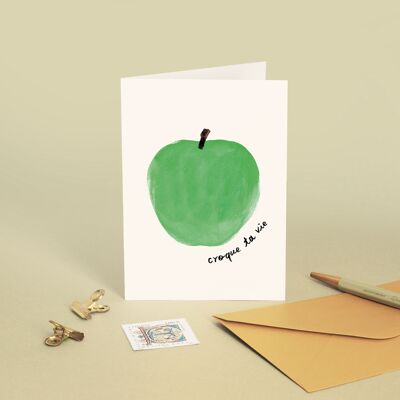Biglietto "Croque ta vie" Frutto di mela - Amore / Umorismo / Illustrazione pittura ad acquerello - Messaggio in francese - Biglietto di auguri