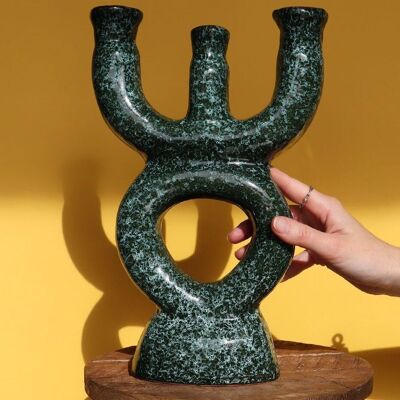 Kerzenhalter aus Keramik mit 3 Zweigen – handgefertigt – Schildpattgrün