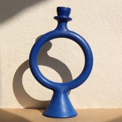 Runder Keramik-Kerzenhalter – handgefertigt – Amazigh-Blau