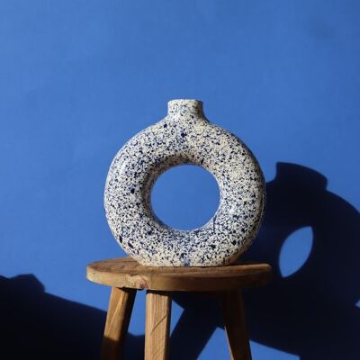 Artisanal Speckled Circular Vase - Handmade - White and blue