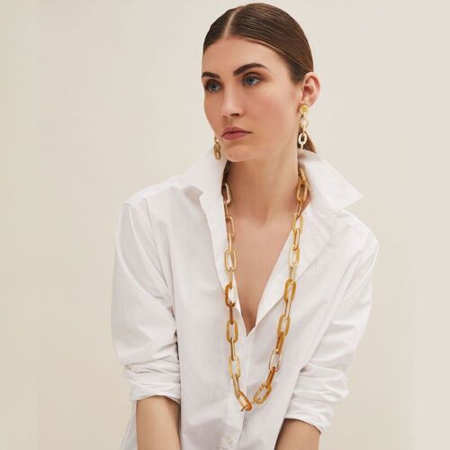 Long rectangle link horn necklace - White Natural