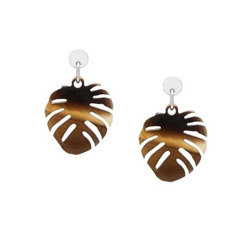 Brown horn palm leaf earring - Silver
