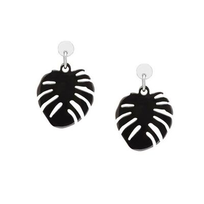 Black horn palm leaf earring - Silver