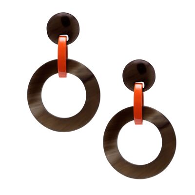 brown natural and orange lacquered round link earrings