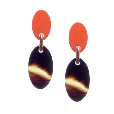Brown natural and Orange lacquered oval drop earrings