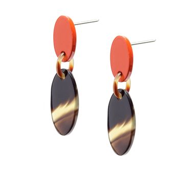 Boucles d'oreilles pendantes ovales laquées marron naturel et Orange 2