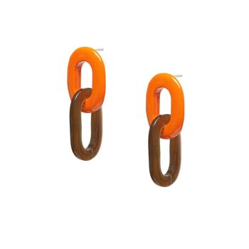 Boucle d'oreille double maillon orange et marron 2