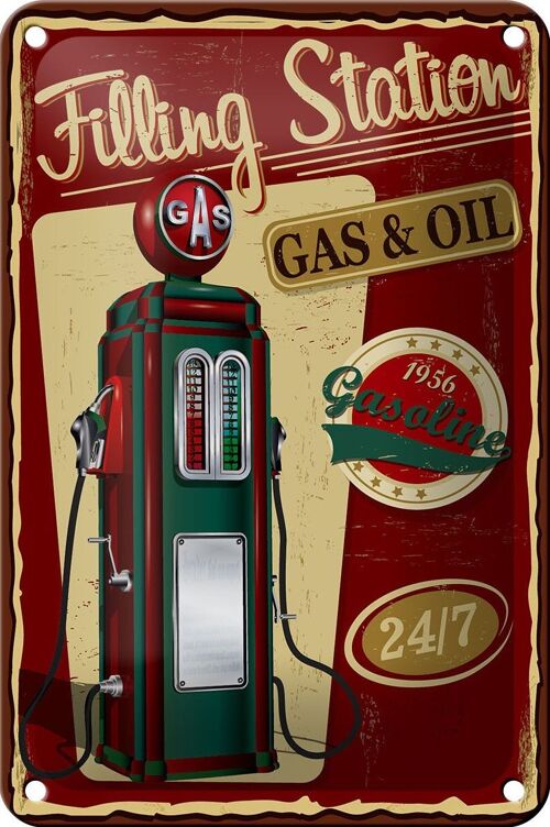 Blechschild Retro 12x18cm Gasoline filling station gas 24/7 Dekoration