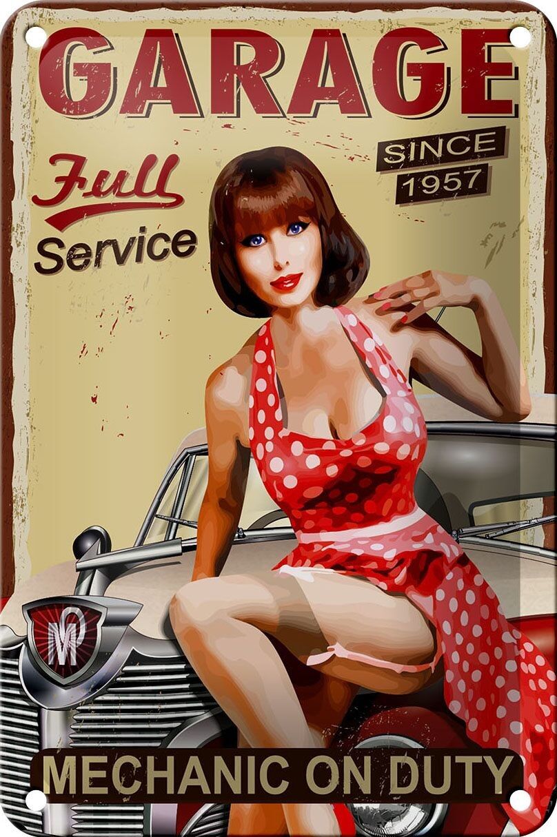 Blechschild Pinup 12x18cm Retro full Service mechanic Auto Dekoration
