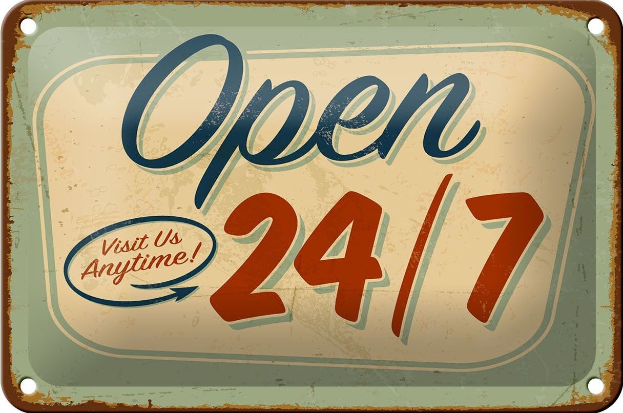 Targa in metallo retrò 18x12 cm aperta visitaci in qualsiasi momento decorazione 24 ore su 24, 7 giorni su 7