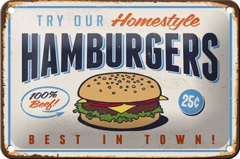 Plaque en étain rétro 18x12cm, décoration hamburgers best in town 1