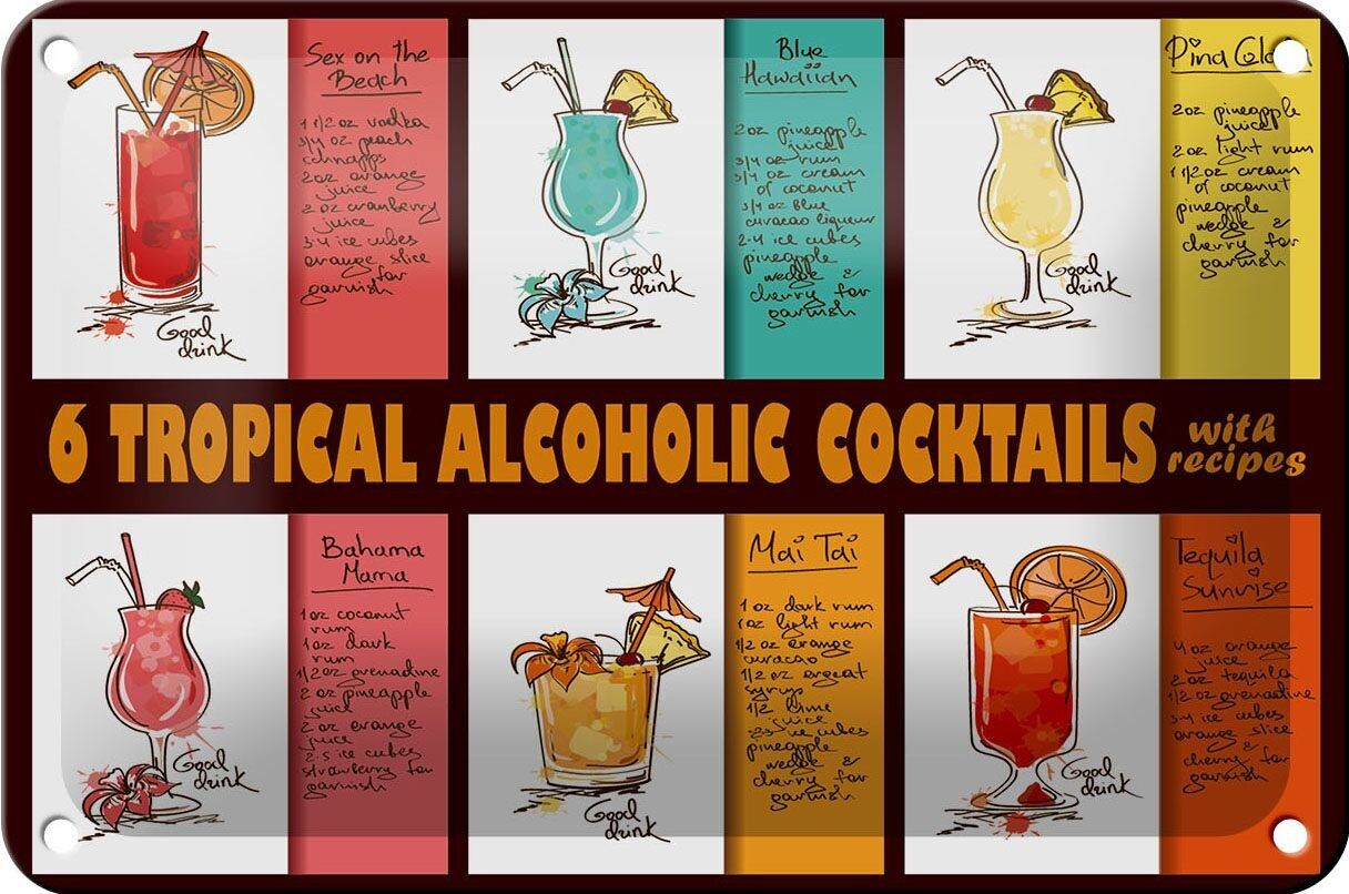 Cartel de chapa 18x12cm 6 recetas de cócteles tropicales decoración