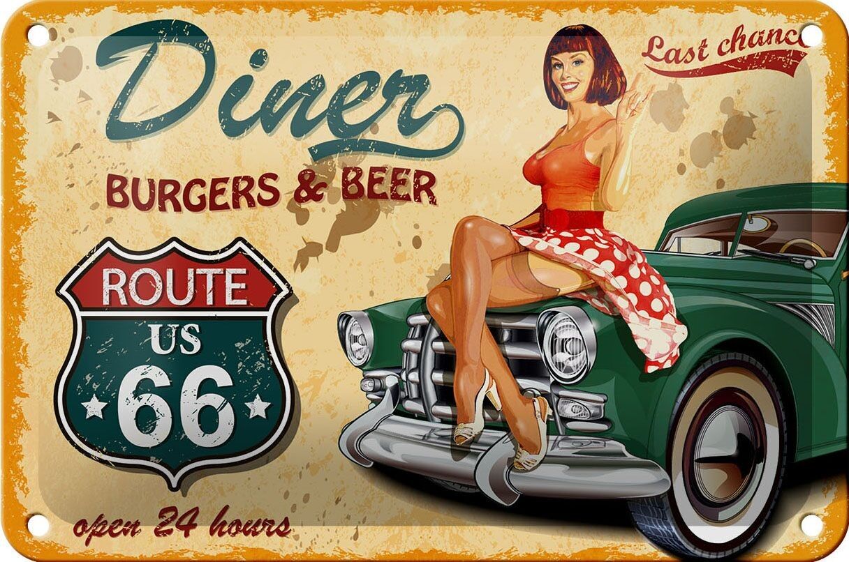 Tin sign Pinup 18x12cm Retro diner burgers beer decoration