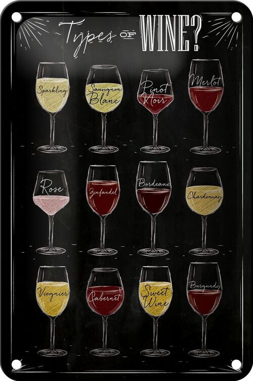 Blechschild Wein 12x18cm Types of wine Merlot Rose Dekoration