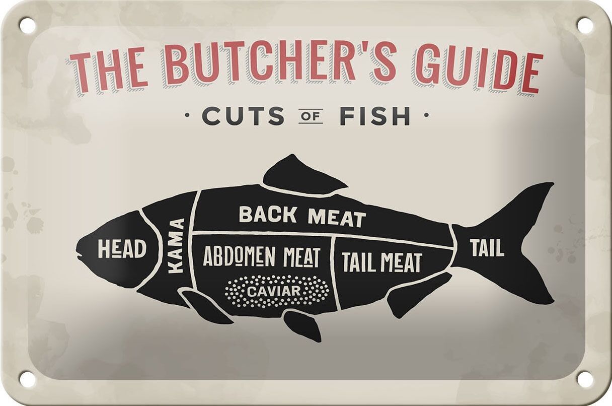 Targa in metallo macelleria 18x12 cm decorazione tagli di pesce