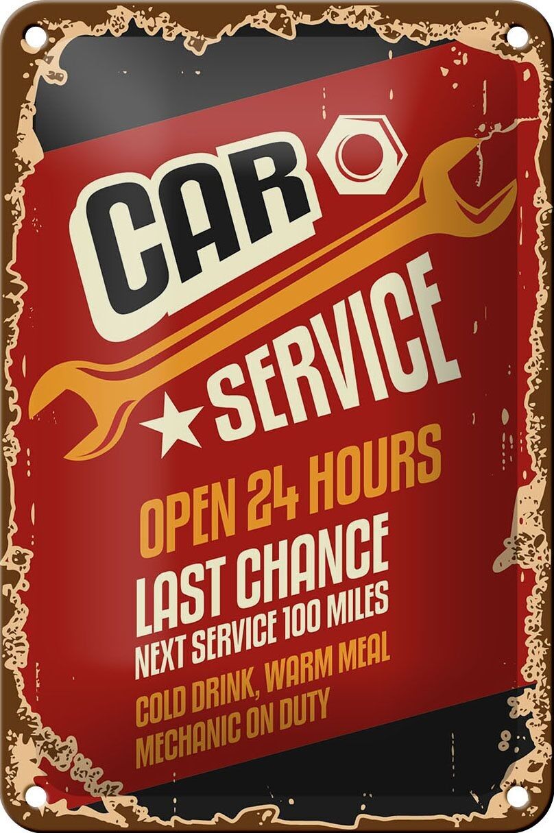 Targa in metallo retrò 12x18 cm Car Service aperto 24 ore su 24, decorazione per auto