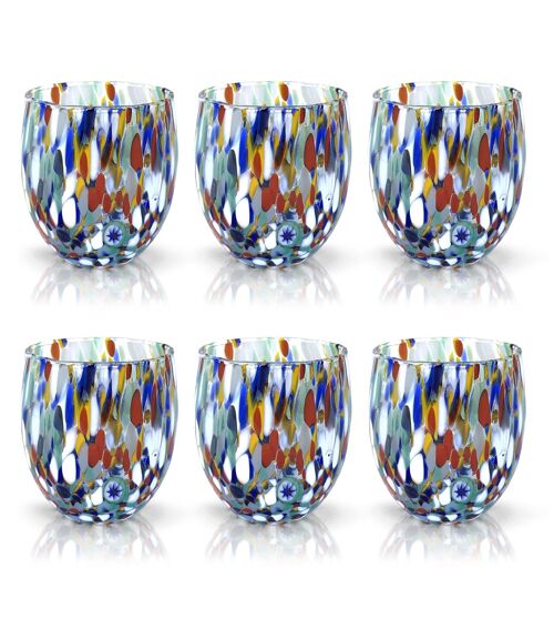 6 Bicchieri in Vetro “I Colori di Murano”. ACQUA-ARLECCHINO