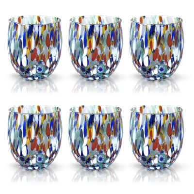 6 Glass Glasses "The Colors of Murano". WATER-HARLEQUIN