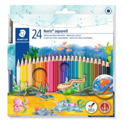 Noris® aquarell 144 10 - Etui carton 24 crayons de couleur aquarellables assortis + 1 pinceau