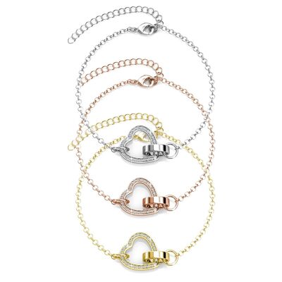 Set of 3 Locked Heart Bracelets - Silver, Gold, Rose Gold and Crystal
