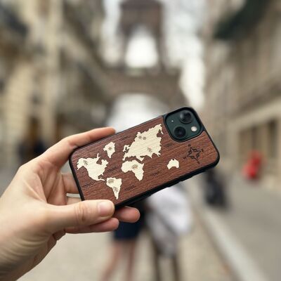Custodia per iPhone in legno – Mappa del mondo