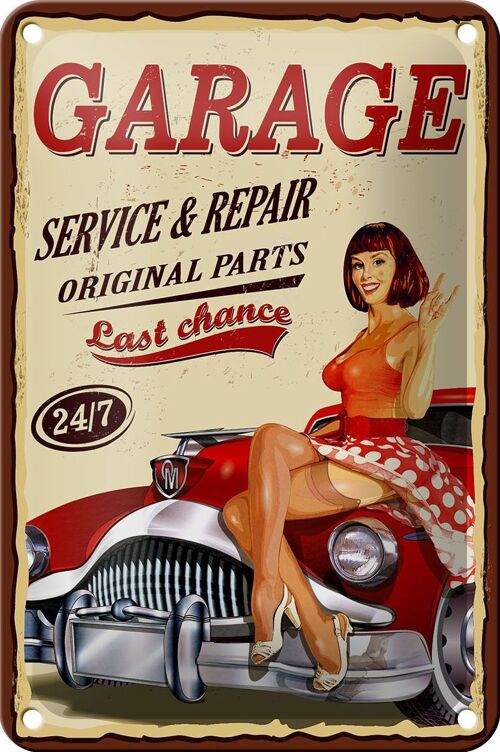 Blechschild Pinup 12x18cm Retro Garage service repair 24/7 Dekoration