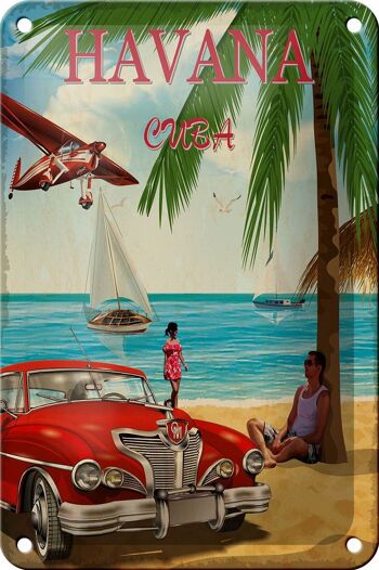 Signe en étain de la Havane, 12x18cm, décoration rétro de palmiers de vacances de Cuba 1