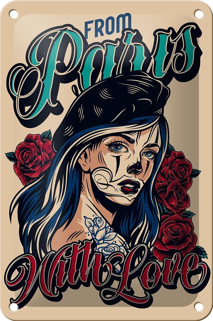 Cartel de chapa Pinup 12x18cm Tatuaje de París con decoración de amor
