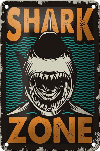 Signe en étain rétro 12x18cm, décoration de lac de requin Zone de requin 1