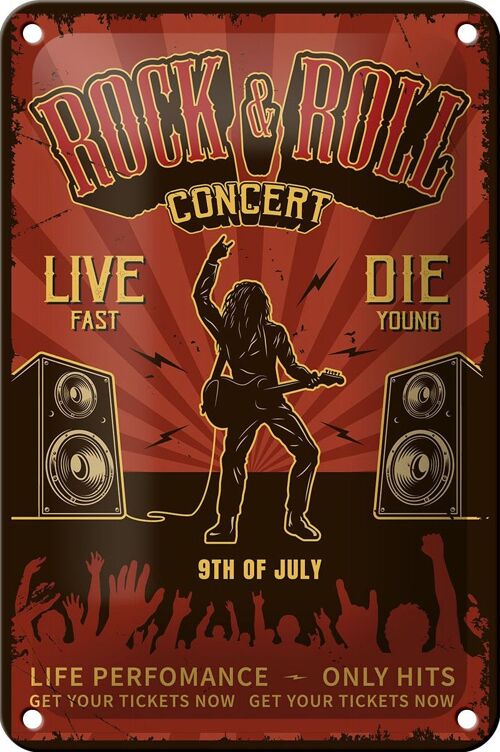 Blechschild Retro 12x18cm Rock&Roll Concert live 9th july Dekoration