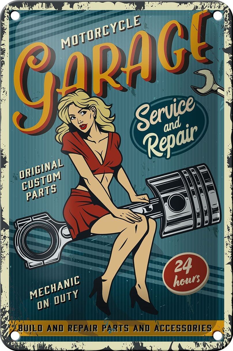 Tin sign Retro 12x18cm Pinup motorcycle Garage 24service Decoration